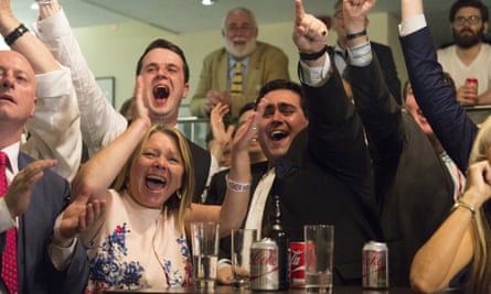 Leave campaigners celebrate as they watch the results of the referendum come in