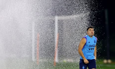 Argentina's Marcos Acuna takes a shower.