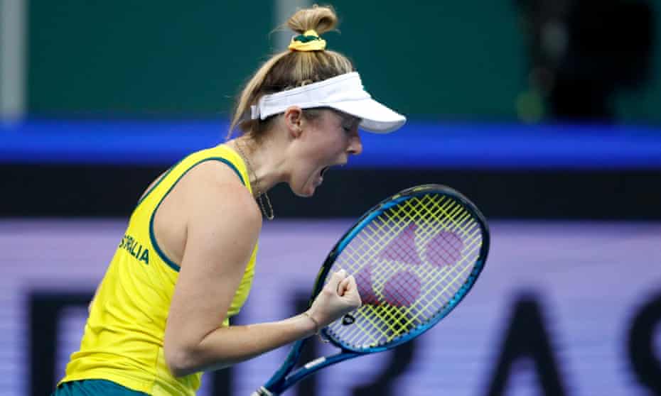 Australia's Storm Sanders celebrates winning a point during her match against Yuliya Hatouka of Belarus.