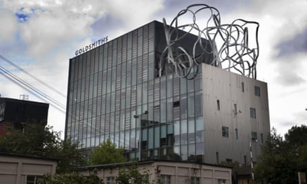 one of the Goldsmiths University buildings: a big glass-fronted modern block with a sculpture on the roof of a lower section that looks like a giant twisted piece of wire 