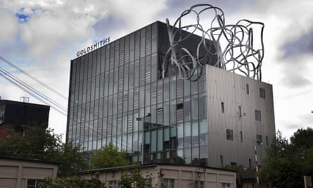 one of the Goldsmiths University buildings: a big glass-fronted modern block with a sculpture on the roof of a lower section that looks like a giant twisted piece of wire