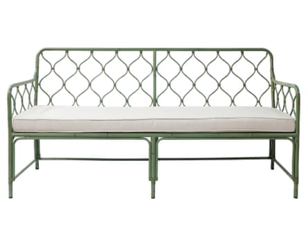 A green aluminium two-seater sofa. The frame has an ogee pattern at the sides and back. The base cushion is a light grey.