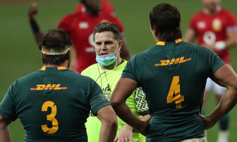 Rassie Erasmus delivers orders on the field during the third Test against the British and Irish Lions in the summer