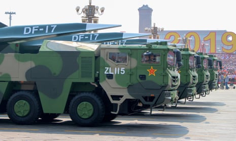 A 2019 military parade in Beijing featuring DF-17 Dongfeng medium-range ballistic missiles equipped with a DF-ZF hypersonic glide vehicle.