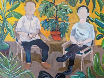 A coating depicting 2 featureless group sitting successful chairs adjacent to various plants