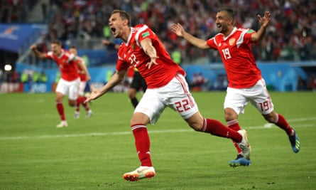 Artem Dzyuba celebrates after scoring Russia’s third goal in their 3-1 victory over Egypt.