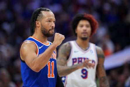 Jalen Brunson celebrates during the Knicks' win over the 76ers.
