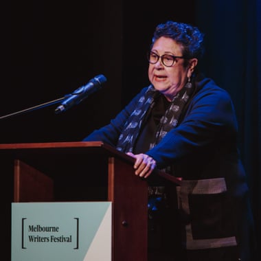 Aileen Moreton-Robinson speaks from a lectern to an audience at the Melbourne writers' festival