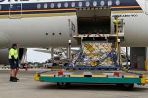 The first Australian shipment of the Pfizer Covid vaccine is unloaded from a Singapore Airlines plane at Sydney airport on Monday 15 February.