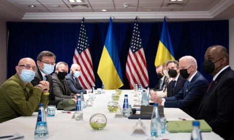 US president Joe Biden ( second R) together with US secretary of state Antony Blinken ( third R) and US defence secretary Lloyd Austin (R) attend a meeting on Russia’s war in Ukraine with Ukrainian foreign minister Dmytro Kuleba (second L) and Ukrainian defence minister Oleksii Reznikov (L) in Warsaw.