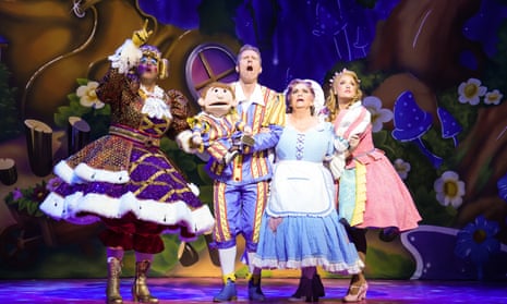 From left: Gary Wilmot, Paul Zerdin (and Sam), Dawn French and Natalie McQueen in Jack and the Beanstalk at London Palladium.