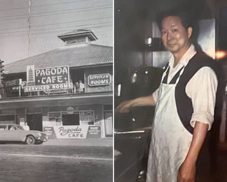 Side by side composite of a black and white photo of Pagoda Cafe, a Chinese restaurant in Burleigh Heads, and a colour photograph of Kenny Lee, a chef in the kitchen.