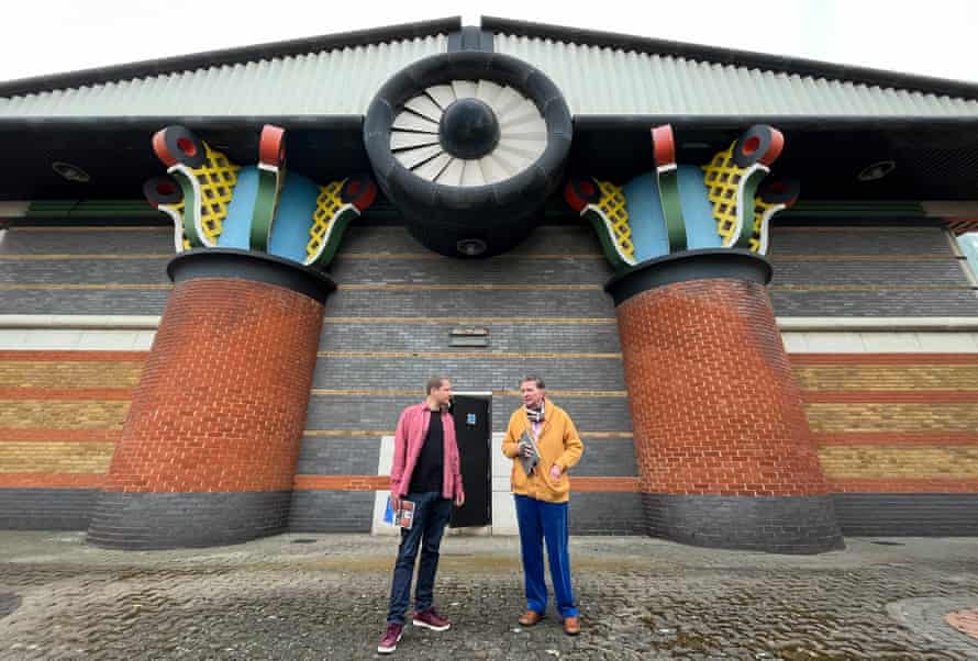 ‘His chubby columns allude to ancient mythologies’ … John Outram, right, and Geraint Franklin in front of the Isle of Dogs pumping station.