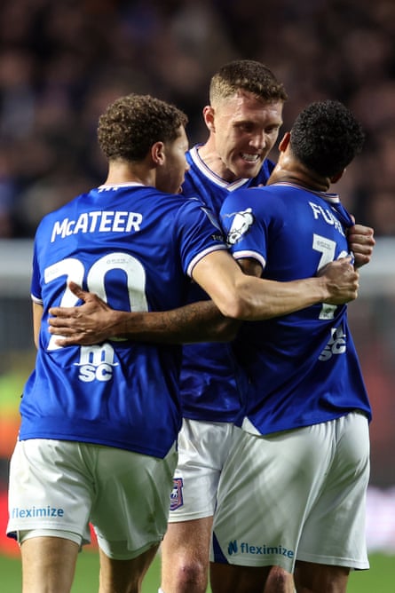 Kasey McAteer, Dara O’Shea and Darnell Furlong celebrate the latter’s equaliser