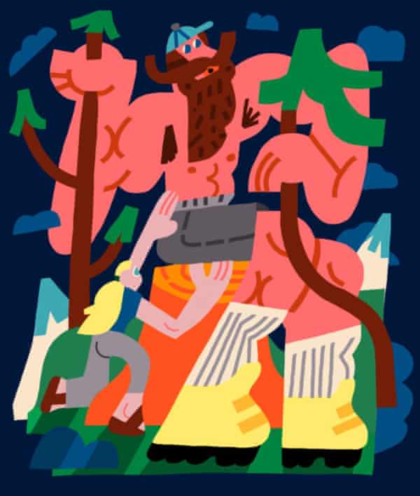 illustration of woman climbing giant man like a mountain