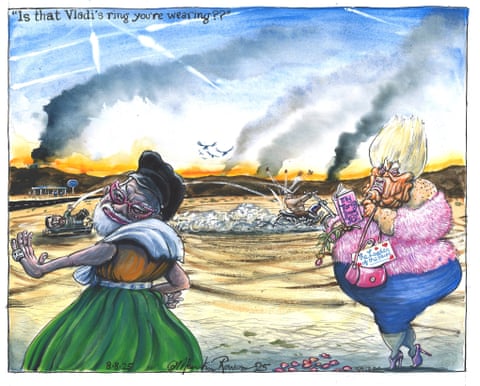 Martin Rowson on Donald Trump’s latest wave of tariffs – cartoon, panel 1