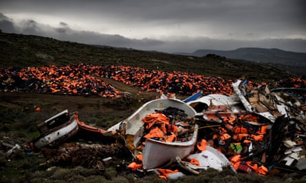 Wrecked boats and thousands of life jackets used by refugees for their journey across the Aegean Sea lie discarded in Greece.