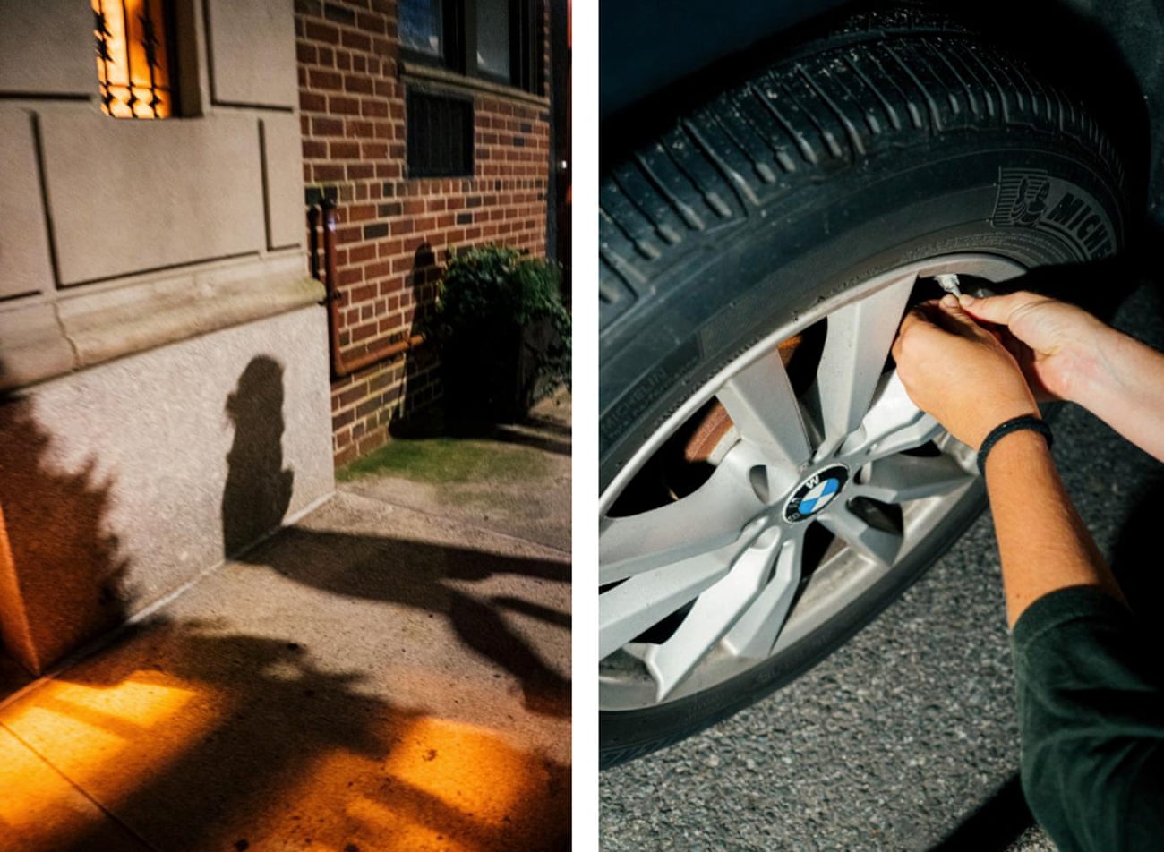 Left: A shadow of a person at night. Right: Hands deflating a BMW tire