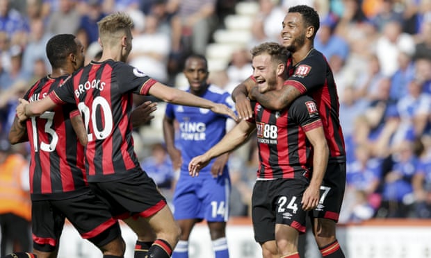 Ryan Fraser celebrates scoring the second goal for Bournemouth against Leicester.