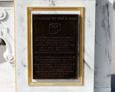 The art installation depicts a faux gold plated toilet to criticize renovations President Trump has made to the Lincoln Bathroom of the White House.