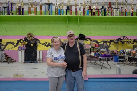 Bonnie and Randall Kincer stand for a portrait in the gymnasium at Busy B’s Country Gift Shop in Fleming-Neon, Kentucky on May 15, 2025.
