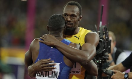 Usain Bolt embraces Justin Gatlin after the men’s 100m final at the 2017 world championships