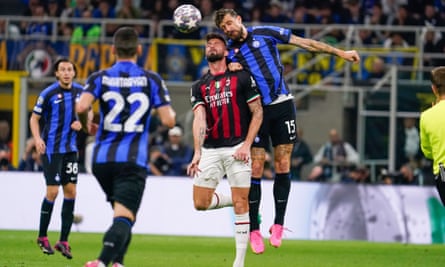 Francesco Acerbi wins an aerial battle against Olivier Giroud during a commanding display in the second leg