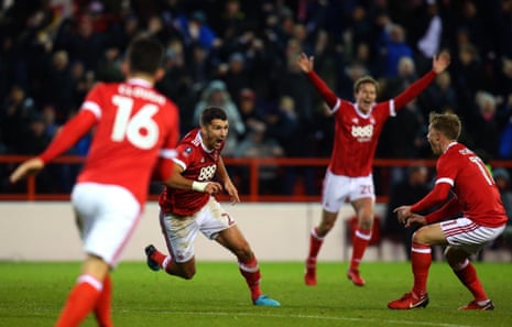 Eric Lichaj of Nottingham Forest celebrates scoring a goal to make it 2-1.