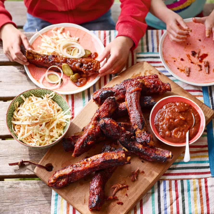 Robin, Sam and Lucy’s Texas-style meaty pork ribs with Pappy’s barbecue sauce and traditional slaw. Prop styling: Kate Whitaker. Food styling: Justine Pattison.