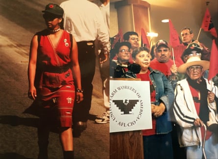A composite photo of a yong person wearing all red, and a group photo of union members.