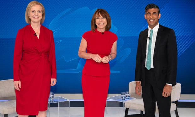 ‘Never underestimate Kay Burley’: the Sky News hustings saw Burley (centre) grill the pair of prime ministerial hopefuls. 