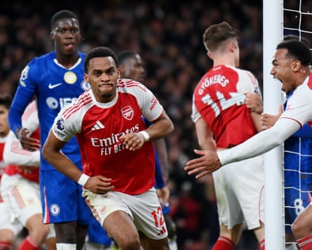 Arsenal’s Jurrien Timber celebrates scoring their second goal with Gabriel Magalhaes