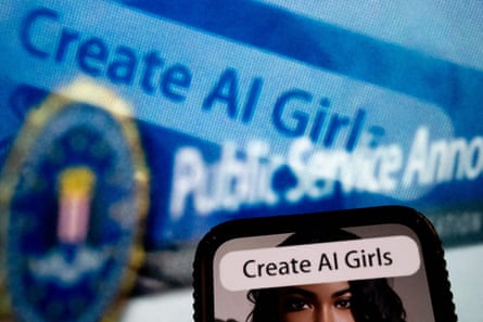 The eyes of what appears to be a young woman seen at the top of a mobile phone with the words "public service announcement" and "create AI girls" written across the picture