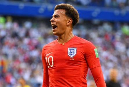 Dele Alli merayakan golnya untuk Inggris melawan Swedia di Piala Dunia 2018
