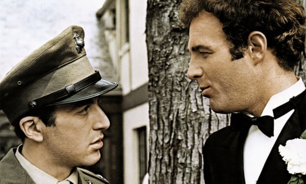 James Caan, right, with Al Pacino, as brothers Sonny and Michael Corleone in The Godfather (1972).  Caan was perfect as the volatile heir to the Corleone family.