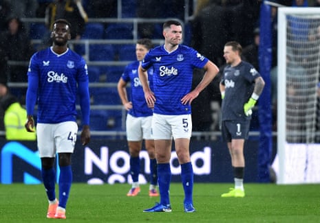 Everton's Michael Keane looks dejected after Newcastle United's Nick Woltemade scores their third goal.