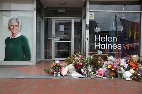Floral tributes outside the office of Helen Haines in Wangaratta