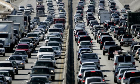 Early evening congestion on a Los Angeles freeway. Vehicle emissions are now the biggest source of greenhouse gases in the US.