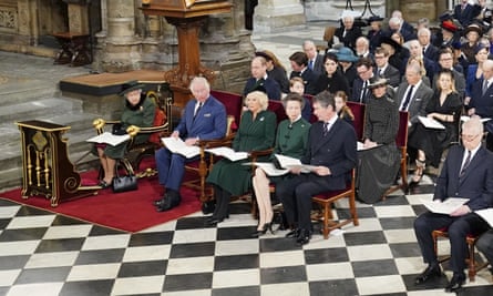 Front row from left: the Queen, Prince Charles, Camilla, Princess Anne, her husband Tim Laurence, and Prince Andrew.