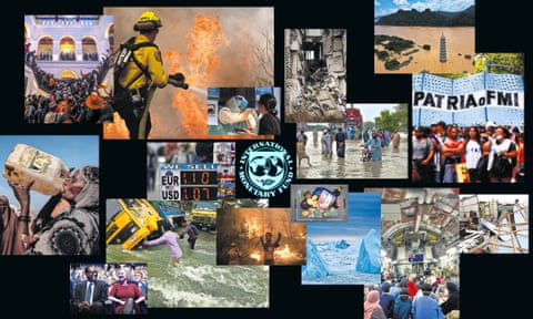 composite of recent (2022) images of worldwide climate disasters, financial crisis, political upheaval, ukraine war, imf logo