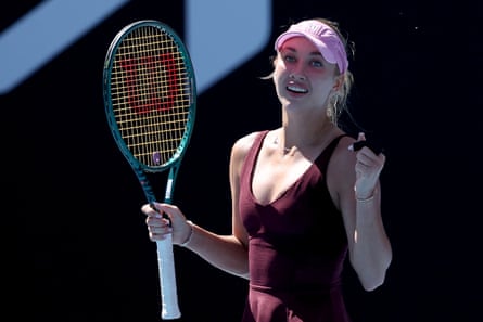 Anastasia Potapova celebrates after winning match point.