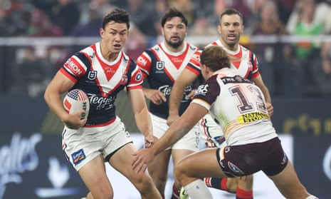 Joseph Manu scored first for the Roosters in the NRL match against the Broncos in Las Vegas.
