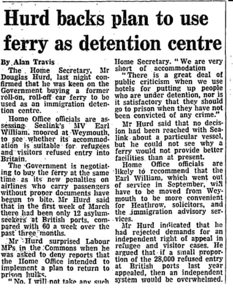 Guardian front page story from 1987 about a ‘floating detention ship’ for asylum seekers