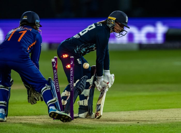 England's Danni Wyatt bowled out by India’s Renuka Singh.