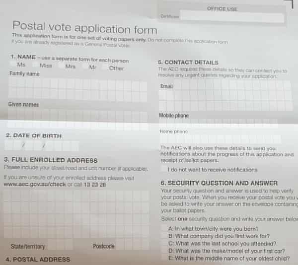 A postal vote application form sent out by Liberal minister and ACT senator Zed Seselja.