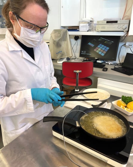 A Solar Foods specialist prepares a schnitzel made of water, air and electricity in Helsinki, Finland.