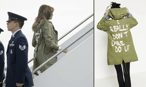 Melania Trump boards a plane to Texas Thursday. On the right, the Zara jacket. 3000.png?w=300&q=55&auto=format&usm=12&f