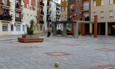 A ball in an empty square after it was thrown from the terrace of a house in Ronda, southern Spain