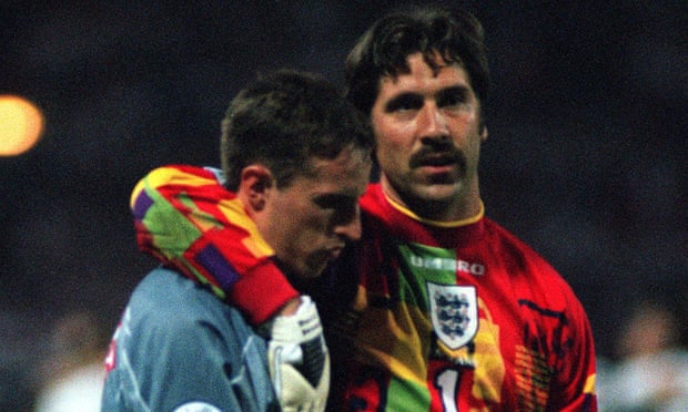 David Seaman consoles Gareth Southgate after the defender’s decisive miss in the Euro 96 semi-final penalty shootout against Germany.