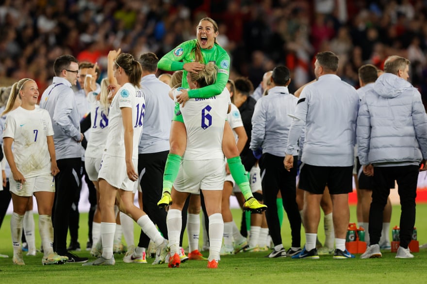 England’s goalkeeper Mary Earps and Millie Bright celebrate England’s victory on a rousing night at Bramall Lane.